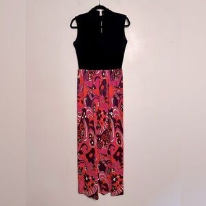 Vintage 70s Psychedelic Floral Polyester Keyhole Maxi Dress Pink Black